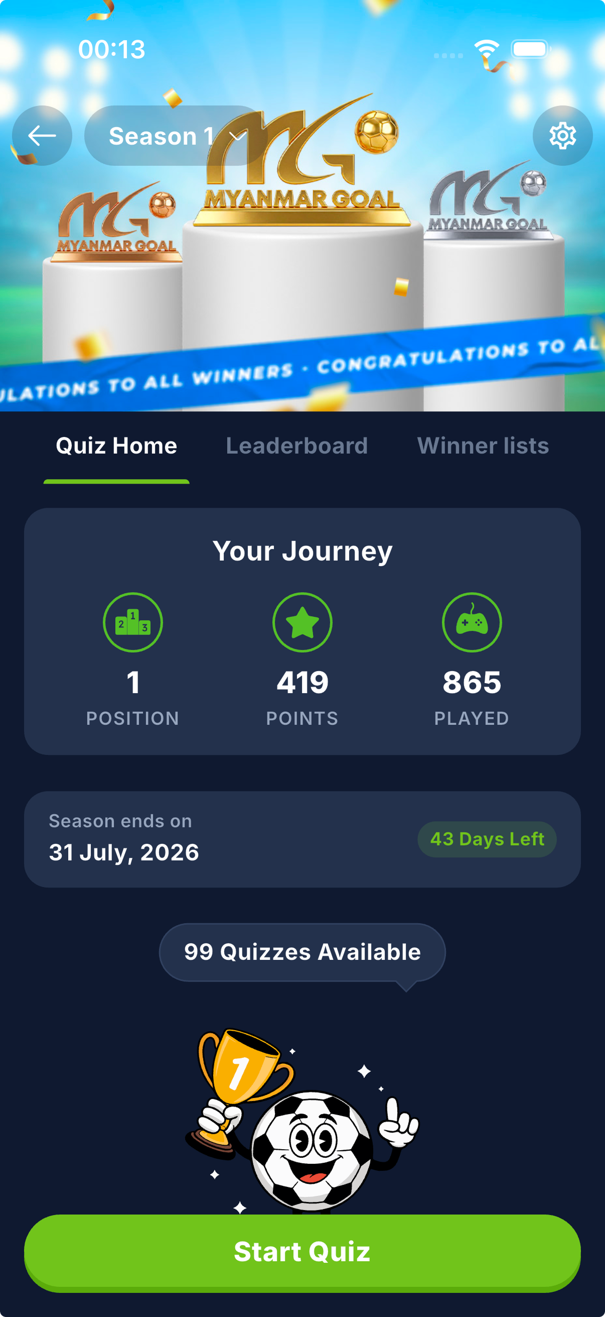 Quiz home with your season journey, points and Start Quiz
